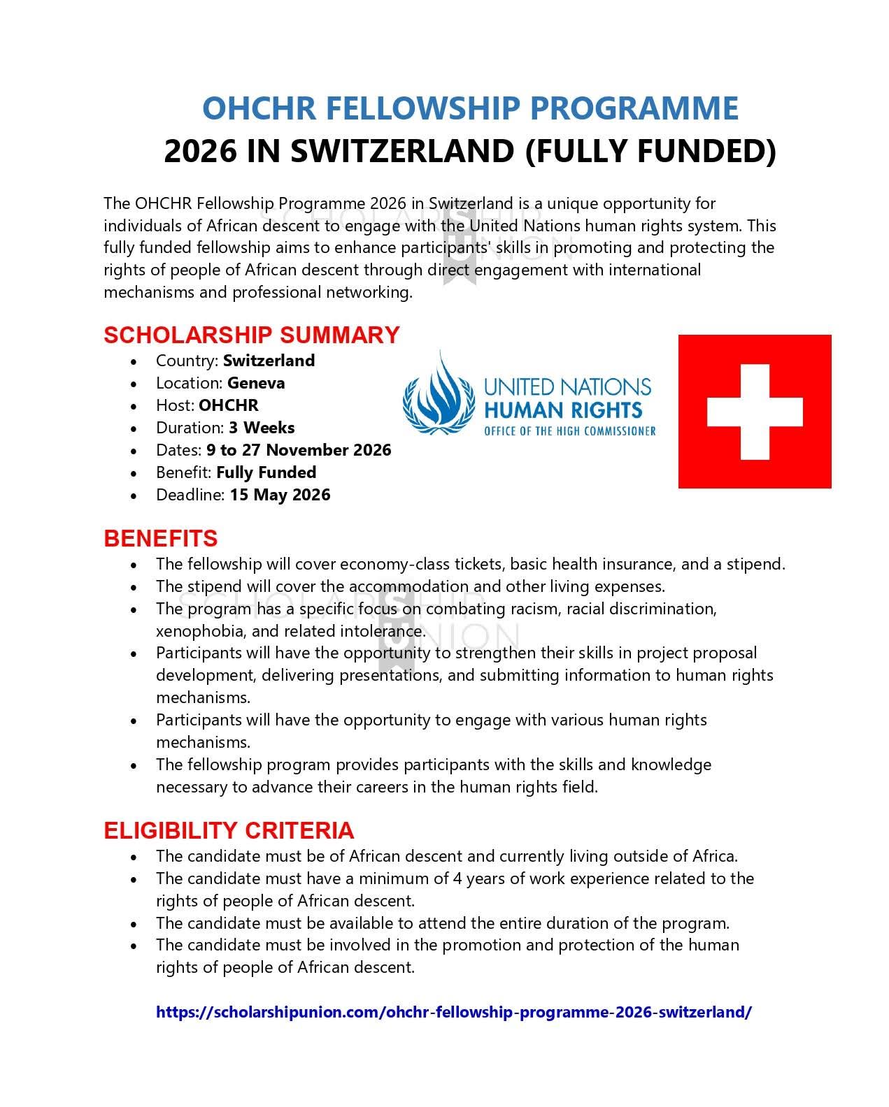 OHCHR Fellowship Programme 2026 in Switzerland
