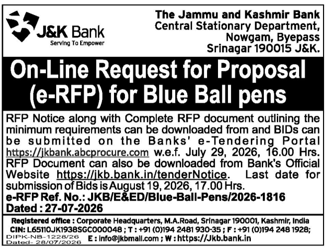 On-Line Request for Proposal for Blue Ball Pens by J&K Bank