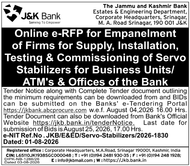 Online e-RFP for Servo Stabilizers Empanelment by J&K Bank