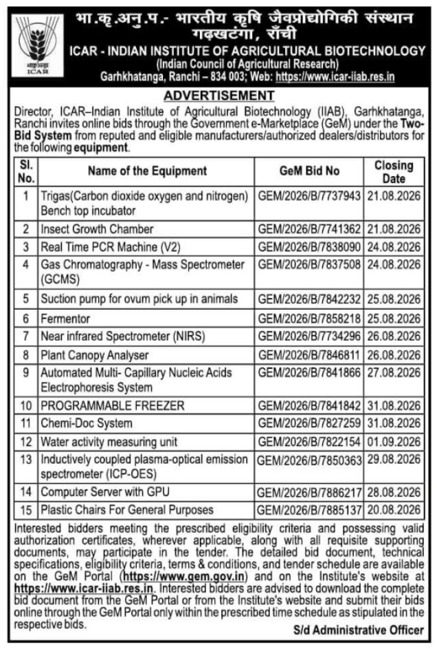 Online GeM Bids for Laboratory Equipment by ICAR-IIAB Ranchi