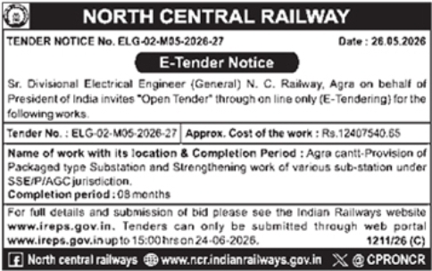 Online Tender Notice for North Central Railway Agra