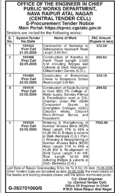 Online Tender Notice for PWD Nava Raipur Atal Nagar