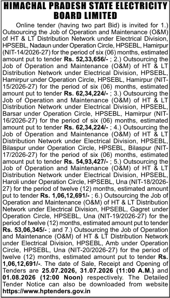 Online Tender Notice: Grid Distribution Network O&M (HPSEBL)