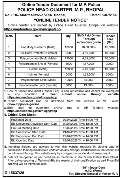 Online Tender Notice: Riot Control & Protective Gear Procurement, M.P. Police