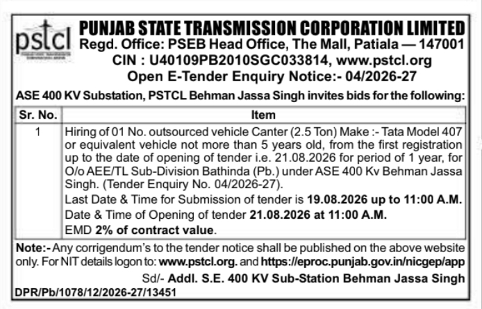 Open E-Tender Enquiry Notice: PSTCL Substation Vehicle Hiring