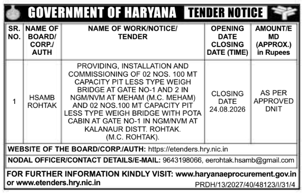Open E-Tender for Electronic Weigh Bridge Installation by HSAMB Rohtak