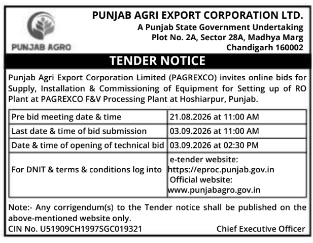 Open E-Tender for RO Plant Equipment Installation by PAGREXCO Hoshiarpur
