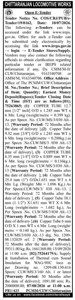 Open E-Tender Notice: Electric Locomotive Parts and Insulation Supply