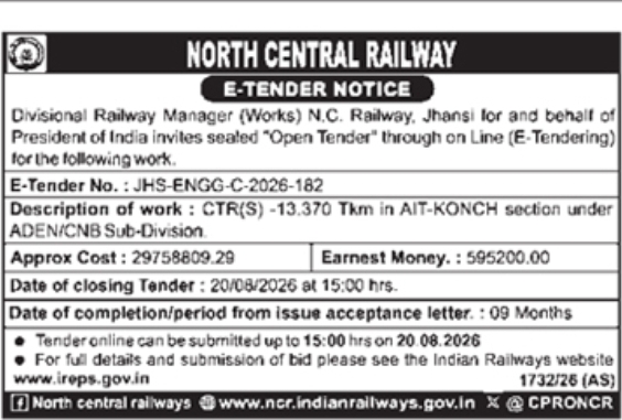 Open E-Tender Notice for Track Works by North Central Railway