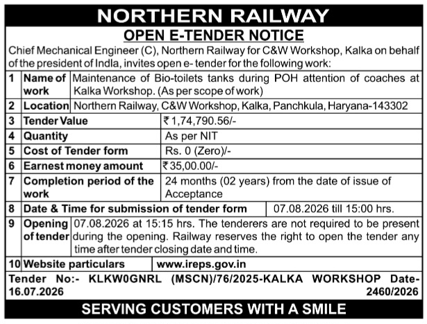 Open E-Tender Notice: Northern Railway Kalka Workshop Maintenance