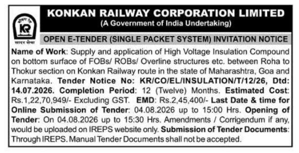 Open E-Tender Notice: Railway High Voltage Insulation Works