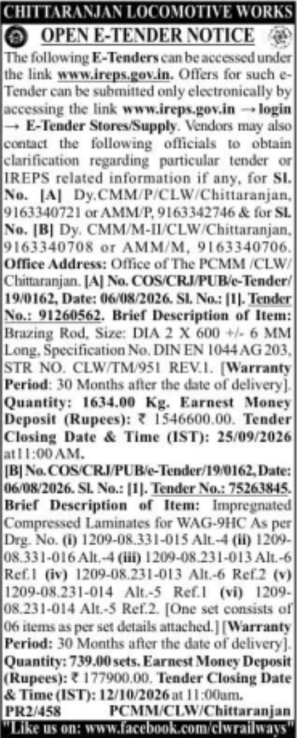 Open E-Tender Notification for Brazing Rod Supply by CLW Chittaranjan
