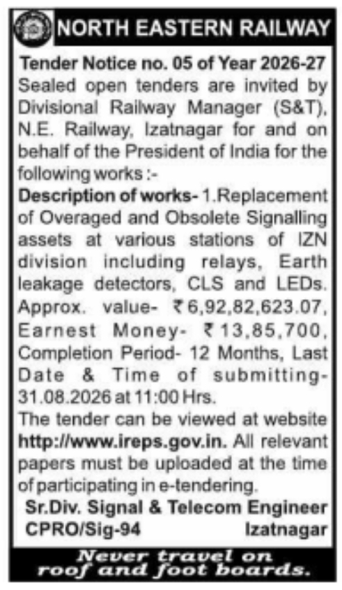 Open E-Tender Notification for Signalling Assets Replacement by NE Railway