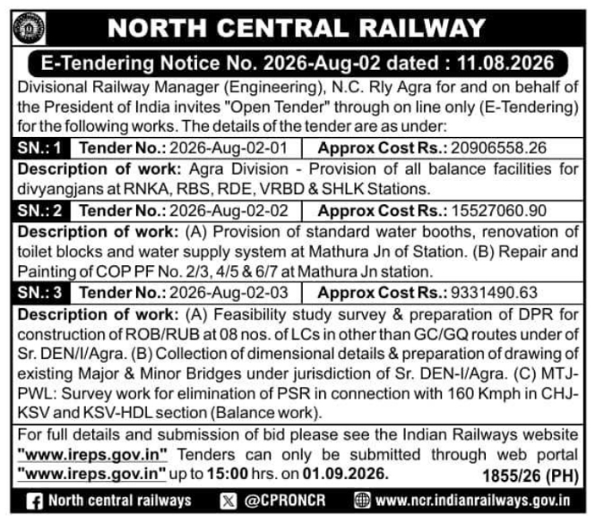 Open E-Tendering Notice for Station Upgradation Works by North Central Railway