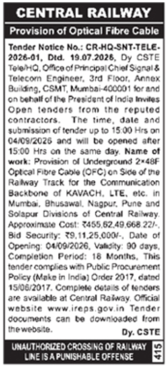 Open Tender Notice for Optical Fibre Cables by Central Railway