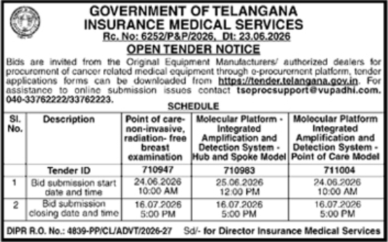 Open Tender Notice: Telangana Insurance Medical Services