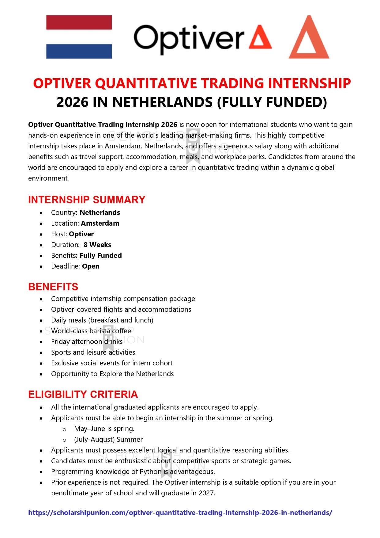 Optiver Quantitative Trading Internship 2026 In Netherlands