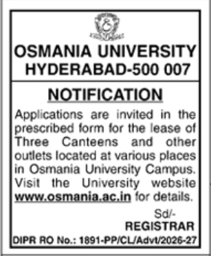 Osmania University Notification: Lease of Campus Canteens and Outlets