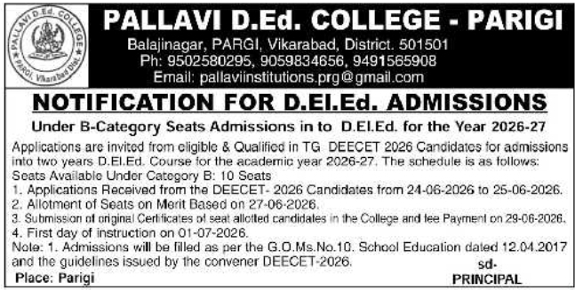 Pallavi D.Ed. College B-Category Admission Notice