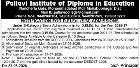 Pallavi Institute B-Category Admission Notice