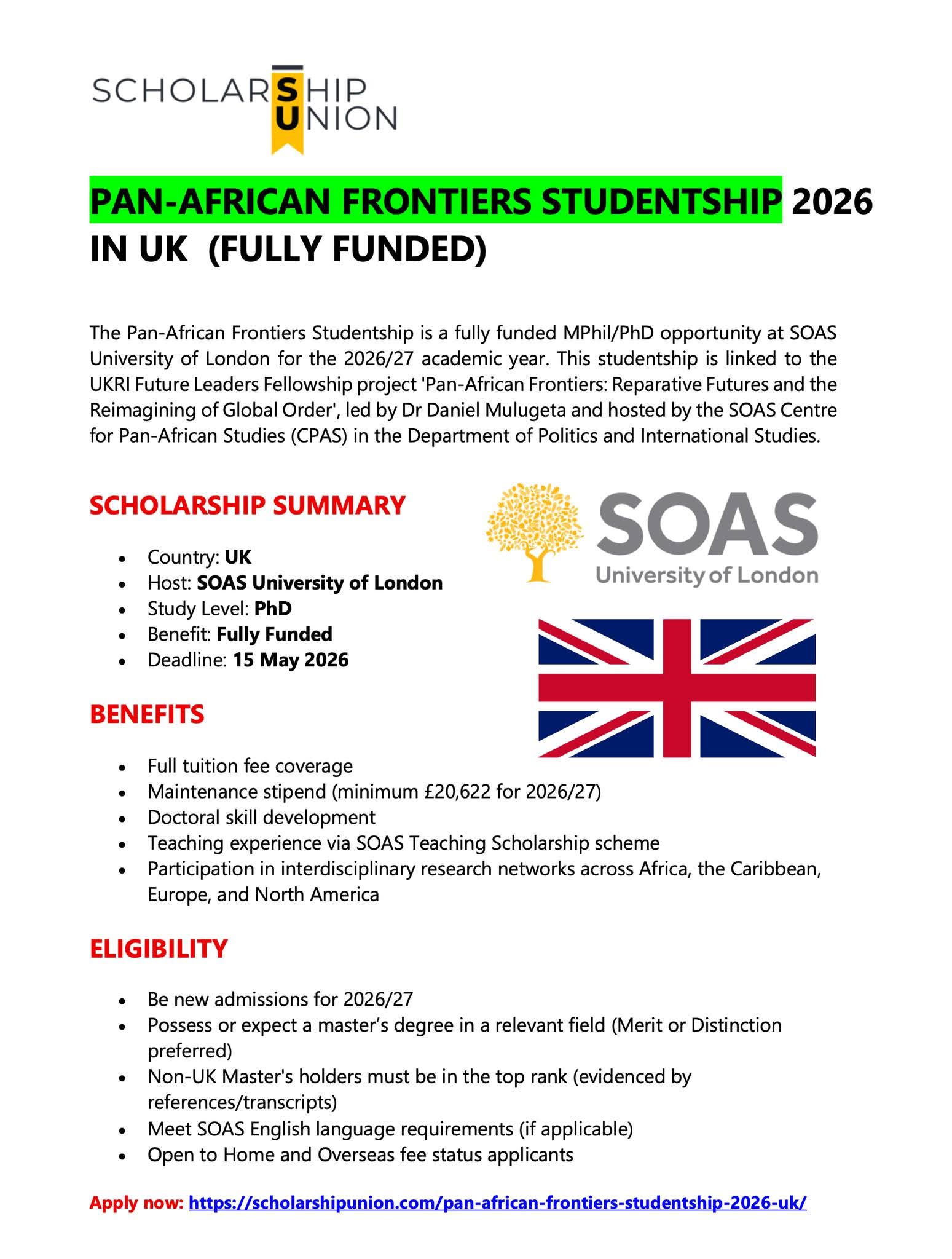 Pan-African Frontiers Studentship 2026/27 in UK