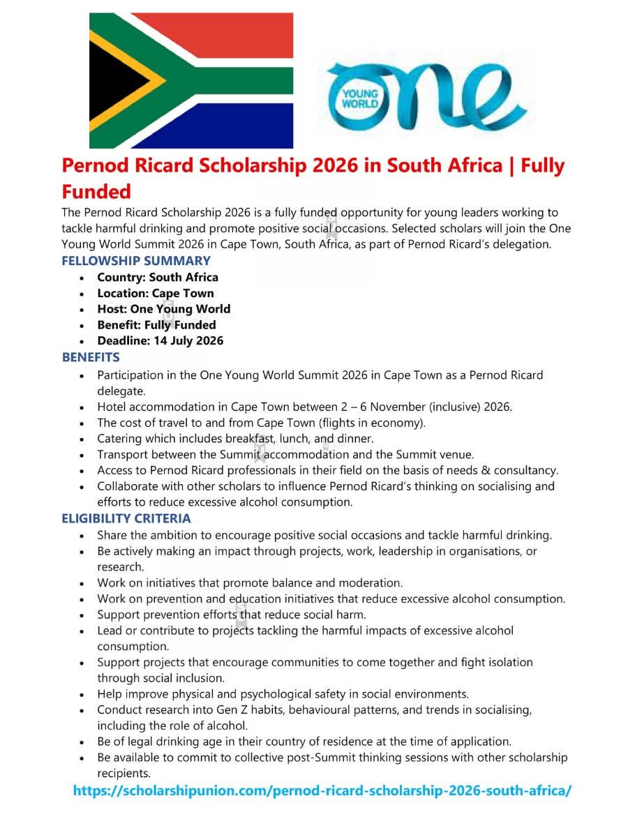 Pernod Ricard Scholarship 2026 in South Africa