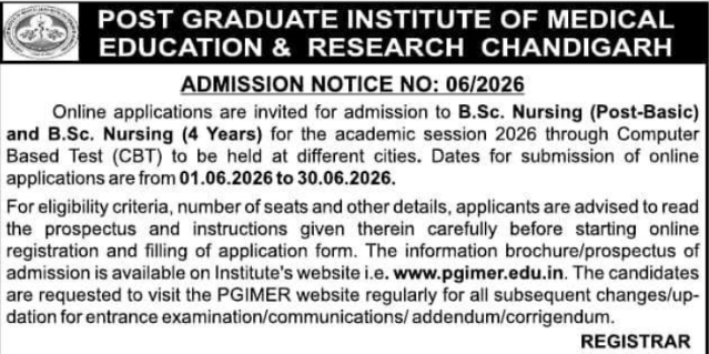 PGIMER Chandigarh B.Sc. Nursing Admission Notice