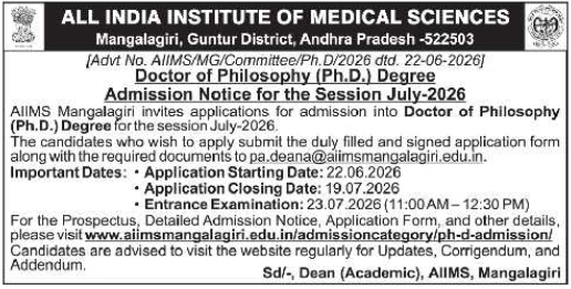 Ph.D. Admission Notice: AIIMS Mangalagiri (July 2026)