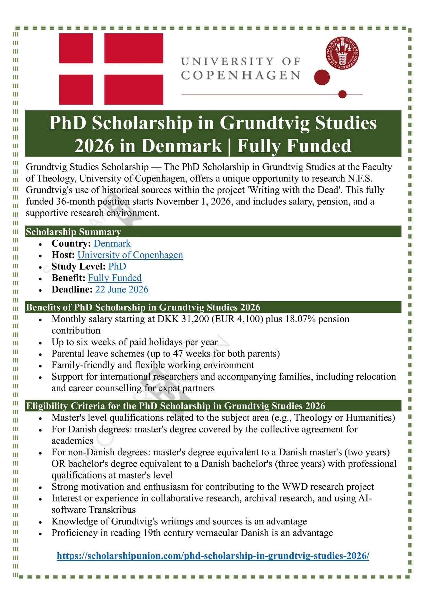 PhD Scholarship in Grundtvig Studies 2026 in Denmark
