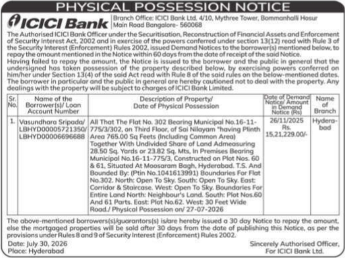 Physical Possession Notice by ICICI Bank