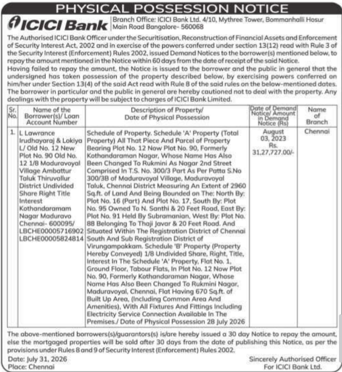 Physical Possession Notice by ICICI Bank