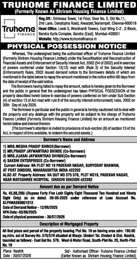Physical Possession Notice by Truhome Finance Limited