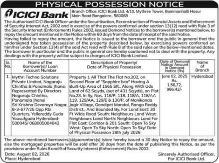 Physical Possession Notice for Residential Flat
