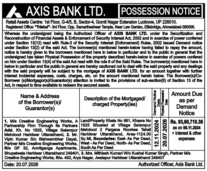 Physical Possession Notice for Roorkee Property by Axis Bank Limited