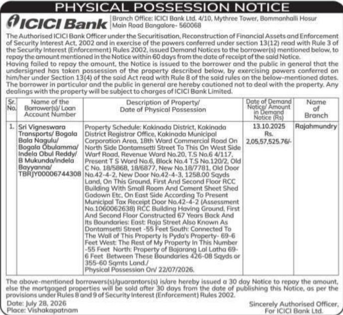 Physical Possession of Immovable Property by ICICI Bank