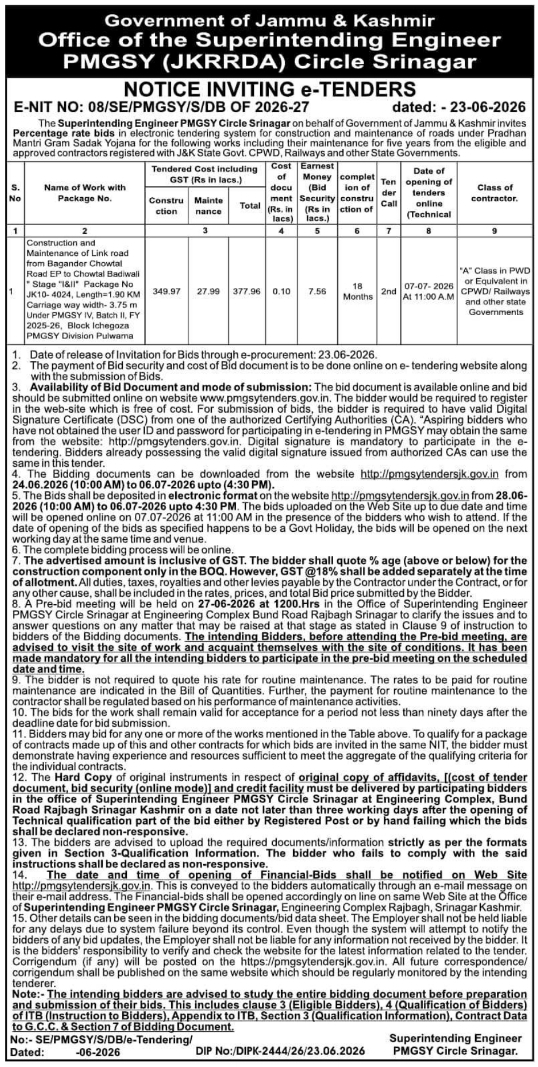 PMGSY Circle Srinagar e-Tender: Construction and Maintenance of Link Road in Pulwama