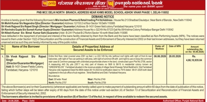 PNB SARFAESI Demand Notice: Loan Default by M/s Irochem Pharma & Retail Trading