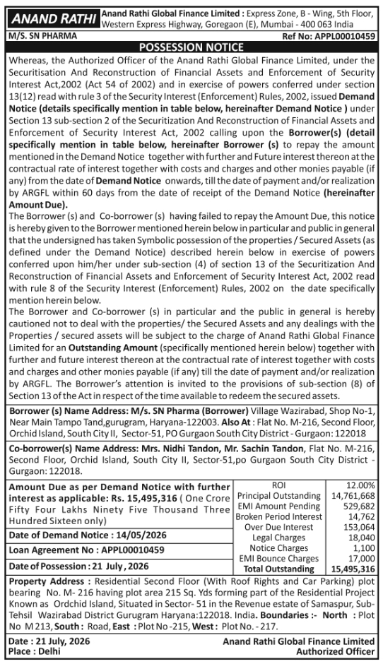 Possession Notice: Anand Rathi Global Finance Asset Seizure