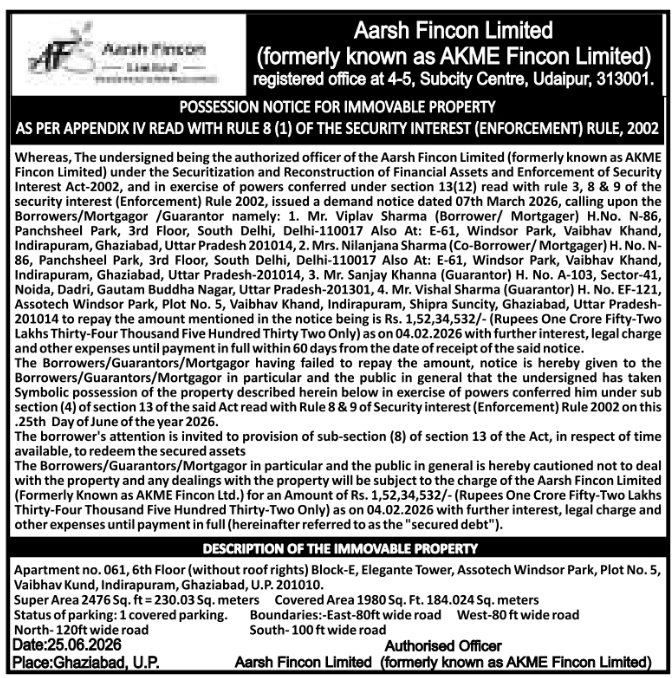 Possession Notice: Apartment Property, Aarsh Fincon Limited