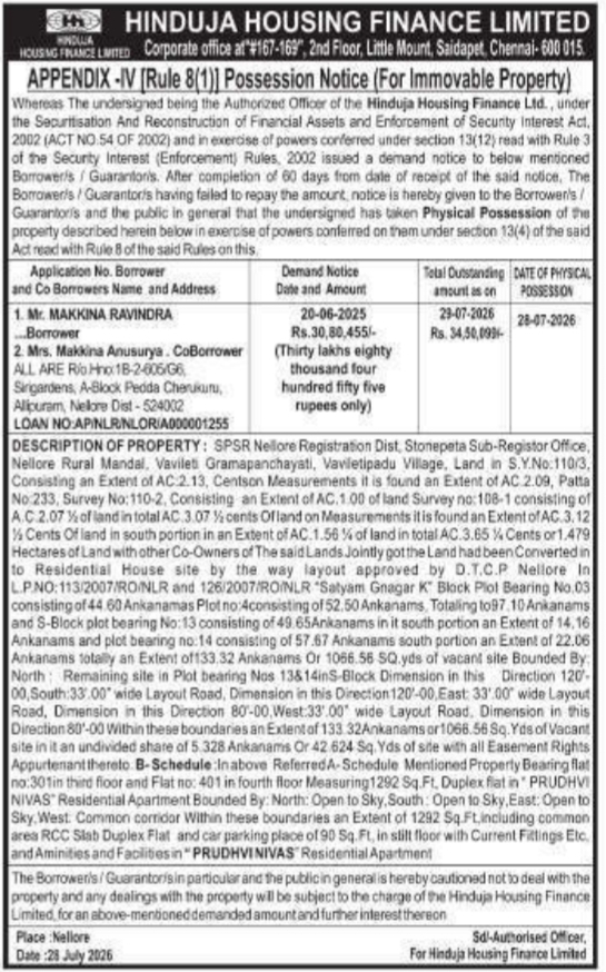Possession Notice by Hinduja Housing Finance Limited