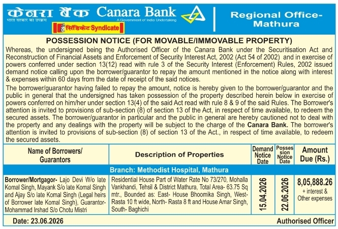 Possession Notice: Canara Bank Methodist Hospital Mathura