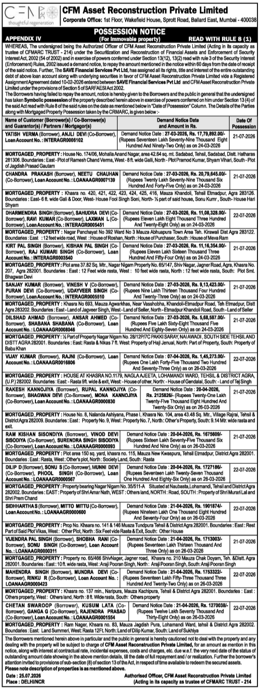 Possession Notice: CFM Asset Reconstruction Immovable Property Seizure