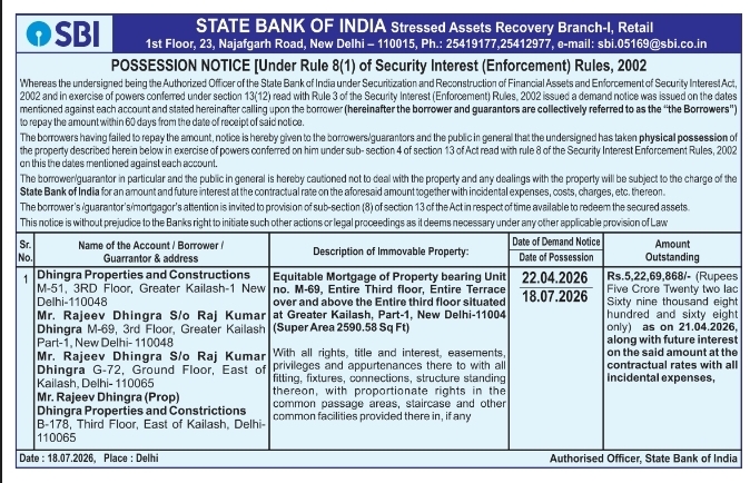 Possession Notice: Default Loan Recovery by State Bank of India