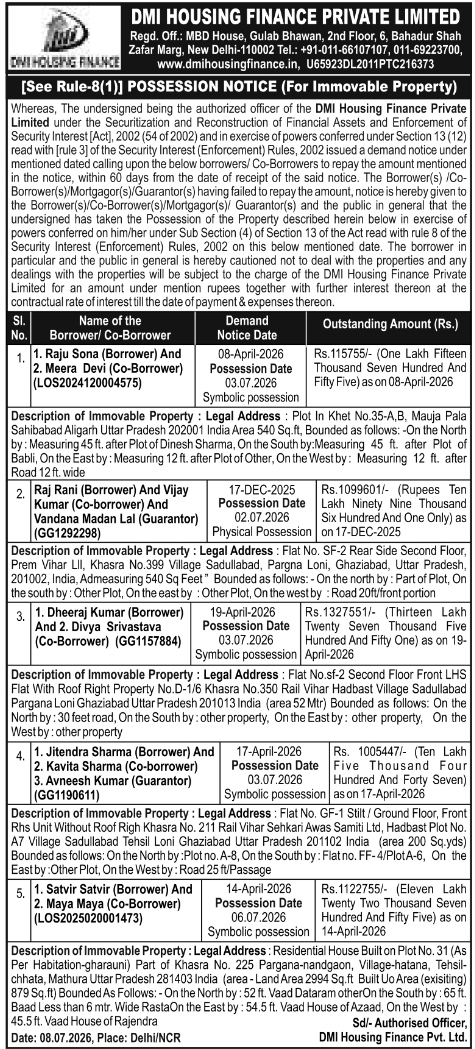 Possession Notice: DMI Housing Finance Properties Possession