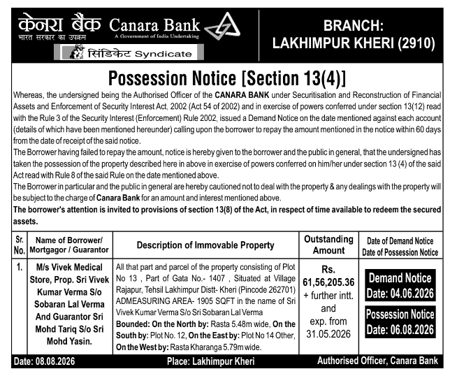 Possession Notice for Immovable Medical Store Property by Canara Bank