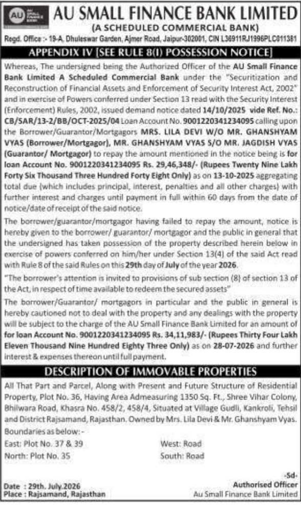 Possession Notice for Immovable Properties (AU Small Finance Bank)
