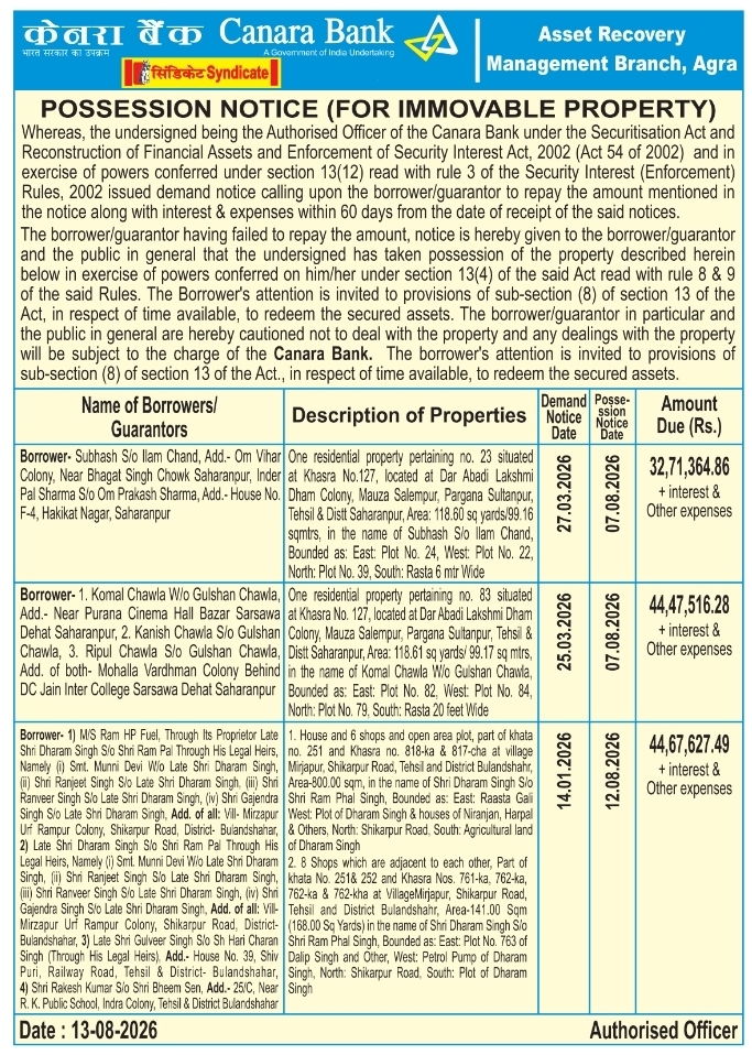 Possession Notice for Immovable Properties by Canara Bank Agra