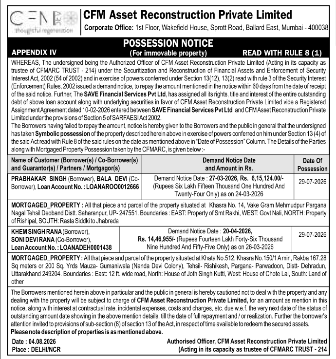 Possession Notice for Immovable Properties by CFM ARC