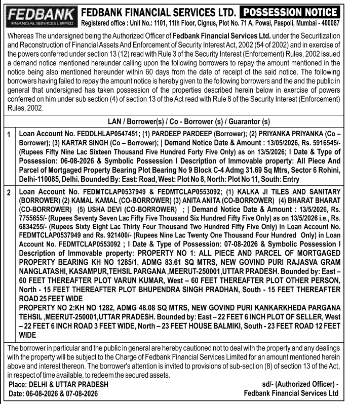 Possession Notice for Immovable Properties by Fedbank Financial Services Ltd