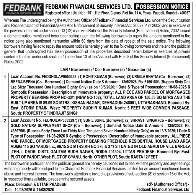 Possession Notice for Immovable Properties by Fedbank Financial Services